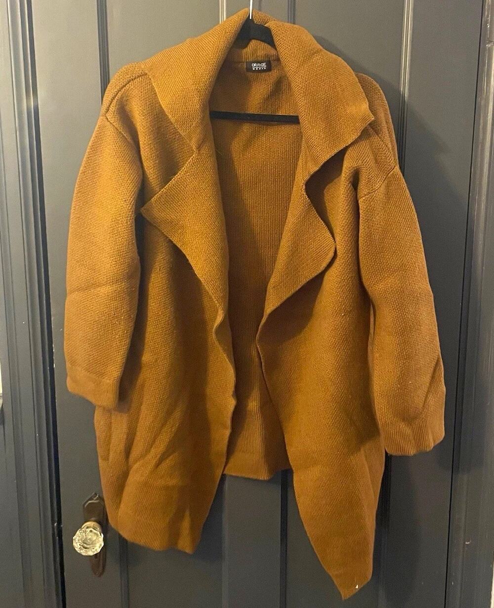 Orange Woman Women’s Brown Long Coatigan Open Front Collared Solid Relaxed L
